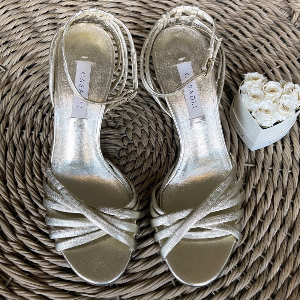 Casadei Gold Leather Strappy Woven Heeled Sandals - Picture 3 of 13